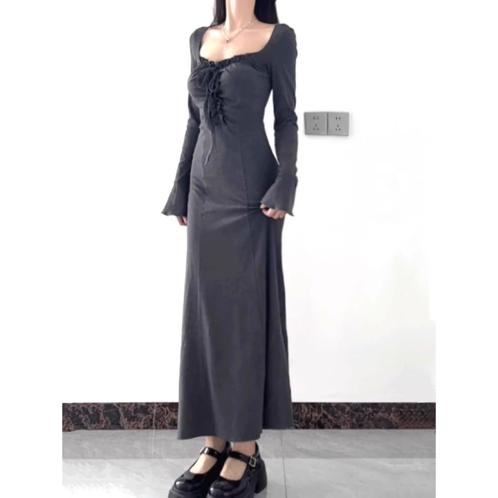 Váy Ôm Mông Thon Gọn Ôm Dáng Mẫu Mới Thu Đông Cho Hot Girl Phong Cách Ngây Thơ Anli Váy Dài Tay Cổ Vuông Váy Đuôi Cá Nữ