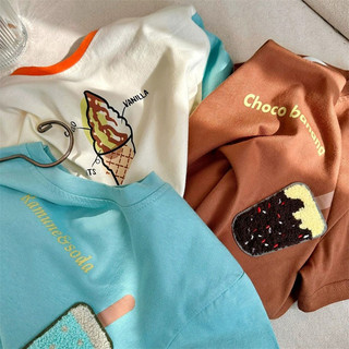 Áo thun cotton ngắn tay mùa hè cho bé trai và bé gái, thêu hình kem hoạt hình, áo trẻ em thường ngày