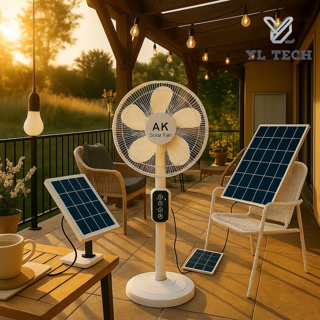 Quạt Năng Lượng Mặt Trời Cỡ Lớn Tích Điện Đa Năng – Kèm Đèn LED & Tấm Pin Solar 30W