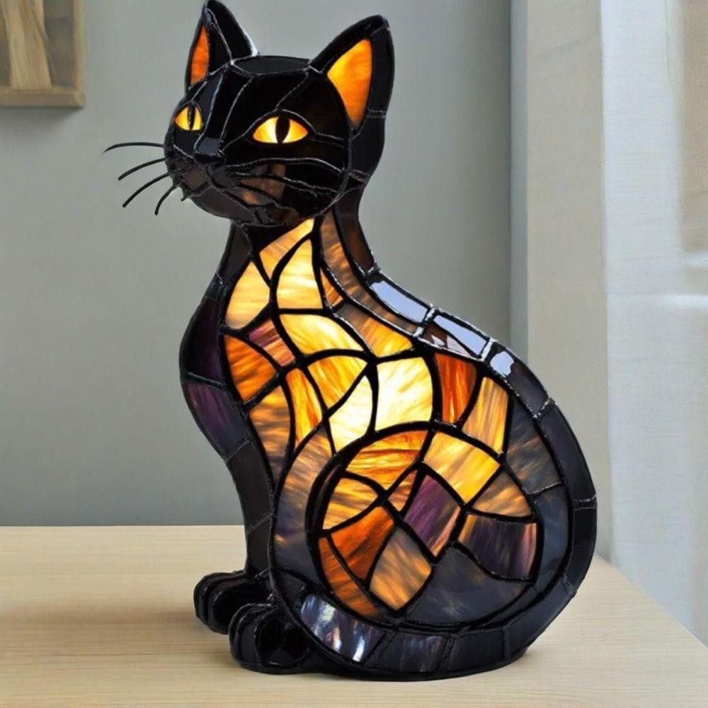 YOFFOR Phong cách máy tính để bàn, Kính màu Retro Time Cat Light, Hot Pet LED Cat Dyeing Resin Dễ thương Dạ quang Phòng ngủ gia đình