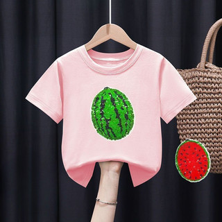 2025 Hổ Và Dưa Hấu Lật Sequin Áo Thun Cho Trẻ Em Bé Trai Bé Gái Hoạt Hình Mùa Hè Graphic Tee