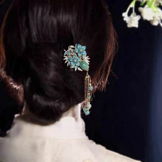 MAUROPOLI [Sẵn sàng] Thiết kế ban đầu Bangs Giả Burnt Blue Step Lắc Hanfu Sườn xám Đĩa phong cách Trung Quốc Phụ kiện tóc Cổ điển Retro Side Kẹp tóc Mũ đội đầu