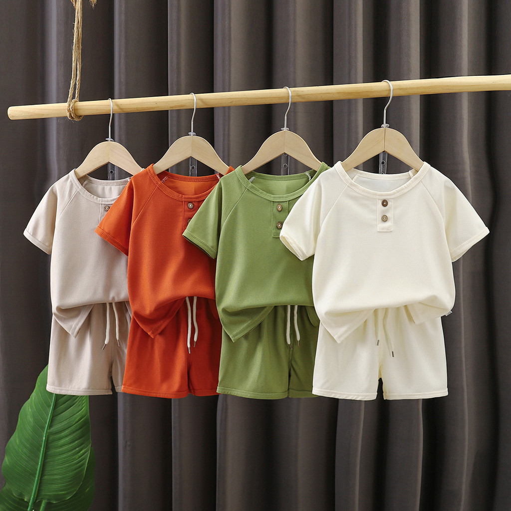 ​Trẻ Em Quần Short Tay Ngắn Phù Hợp Với Mùa Hè Mỏng Phong Cách Bé Trai Bé Gái Waffle Loungewear Trẻ Em Thoáng Khí Mùa Hè Quần Áo 8O-140​Mã Z6V1