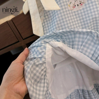 Váy mùa hè cho bé gái phong cách Hàn Quốc, nơ ngọt ngào, váy tank tay phồng dễ thương màu xanh kẻ caro