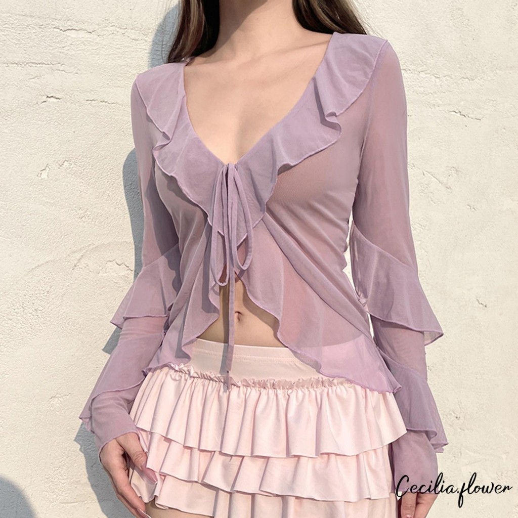 Áo len Cardigan xù mùa hè dành cho nữ màu trơn dài tay cà vạt phía trước cổ chữ V Sheer lưới mỏng