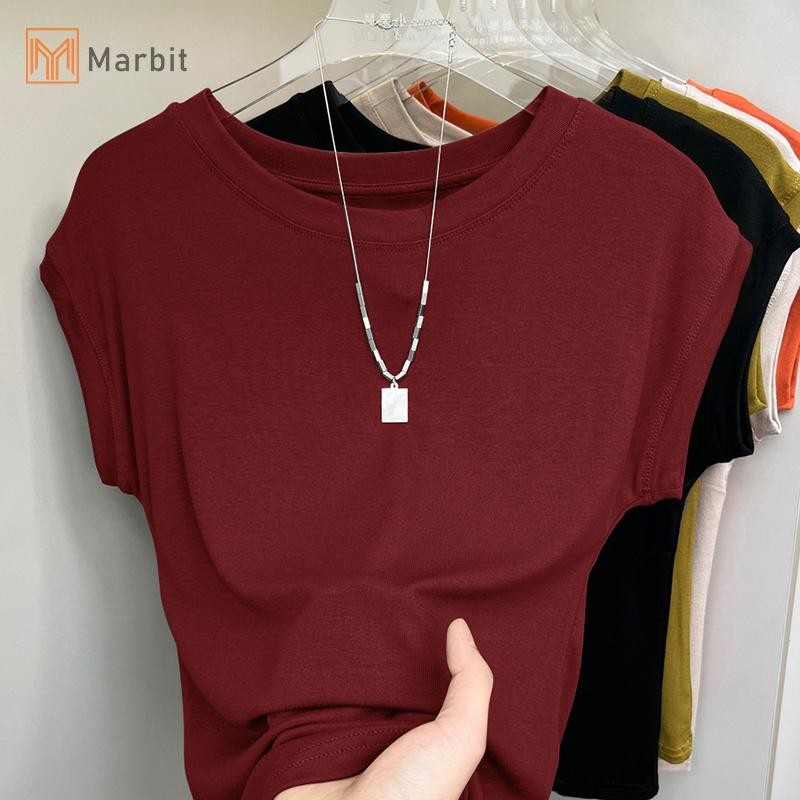 Áo thun Marbit Ice Silk nữ cổ tròn màu sắc nguyên chất, phong cách mới mùa hè