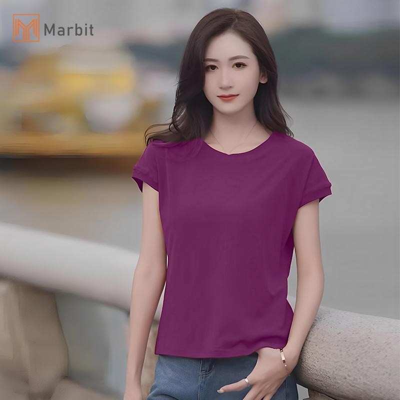 Áo thun Marbit Ice Silk nữ cổ tròn màu sắc nguyên chất, phong cách mới mùa hè