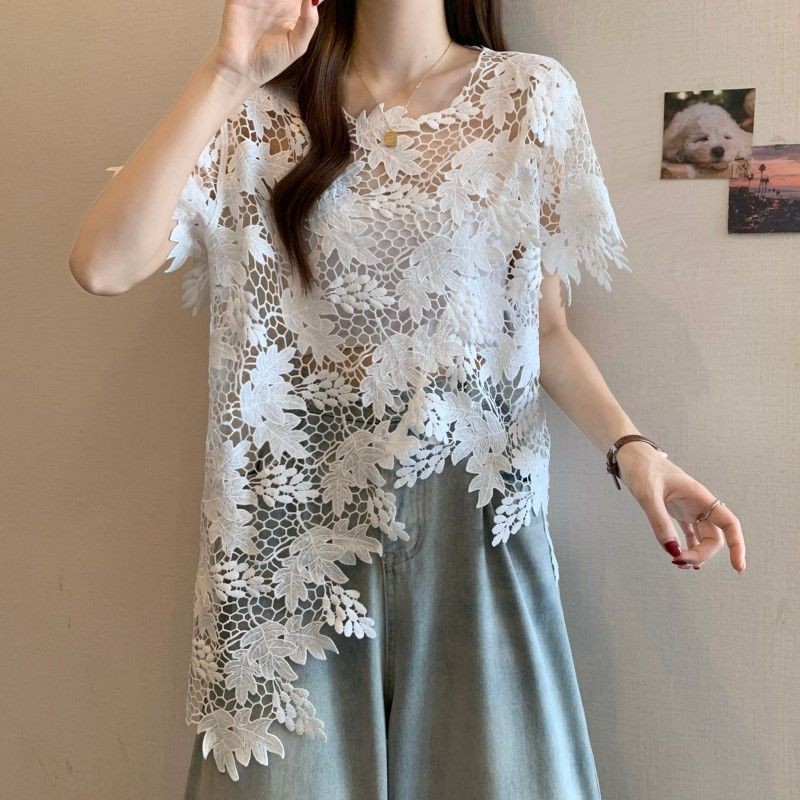 ✨Mùa Hè 2025 Rỗng Áo Sơ Mi Ren Tay Ngắn Plus Kích Thước Béo mm Không Đều Rời Bao Bụng Áo Top 25.5.22