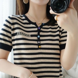 Phiên Bản Hàn Quốc Rời Kích Thước Lớn Sọc Băng Lụa Ngắn Tay Áo Thun Nữ Cao Cấp Bao Bụng Thời Trang