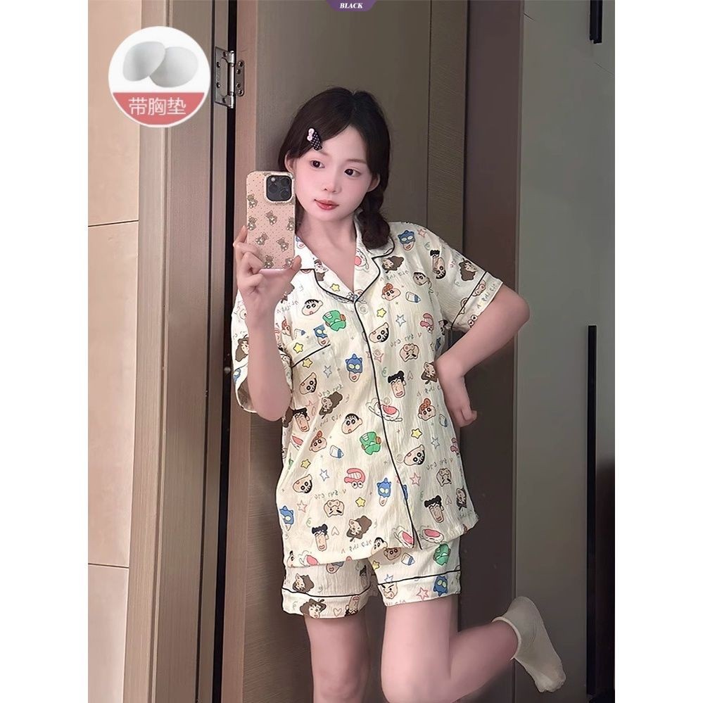 Sweet Ins Strawberry KT Bộ Đồ Ngủ Nữ Mùa Hè Có Miếng Lót Áo Ngực Quần Short Tay Ngắn Hoạt Hình Homewear Set [BL]