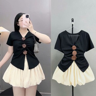 Áo bigsize nữ  kiểu tiểu thư tay ngắn đính hoa xinh phối chân váy có lót trong xòe cho nàng chuppy -A275+CV413