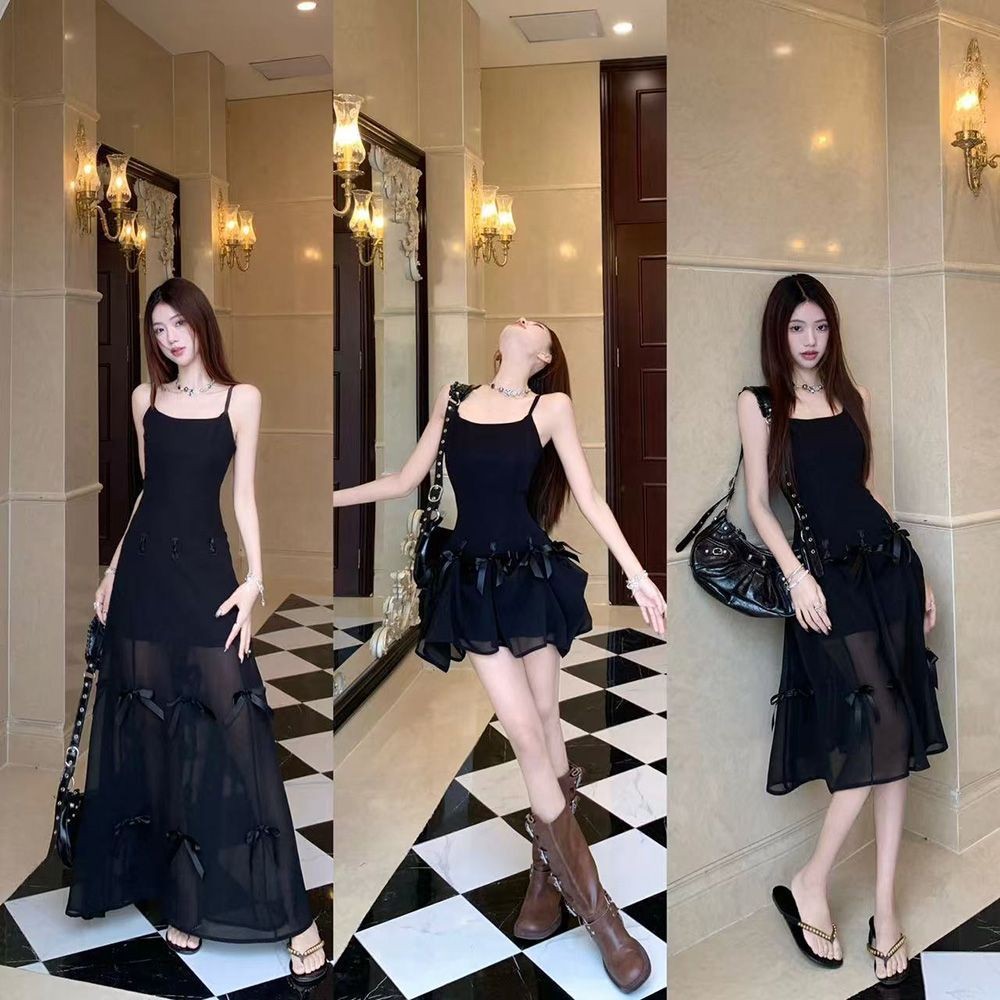 Thắt Nơ Tính Khí Mỏng Hơn Nhìn Sling Đầm Nữ 2025 Xuân Hè Thiết Kế Cảm Thấy Hai Cánh Siêu Cổ Tích Nẹp-