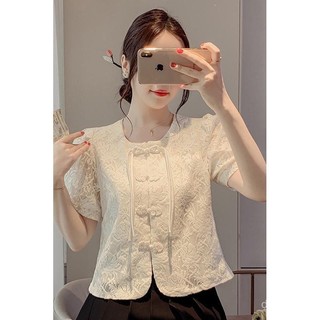 Áo sơ mi nữ phong cách Trung Quốc mới mùa hè tay phồng thêu ren nút Mandarin độc đáo