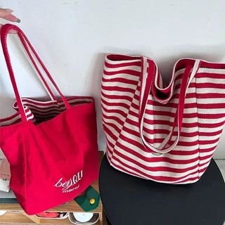 2025 Túi vải canvas sọc mùa xuân hè phong cách Hàn Quốc, túi tote lười biếng cho sinh viên, túi đeo vai lớn cho phụ nữ 6.11 0A2H