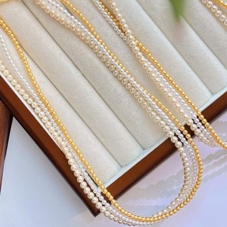 [ DAISYN ] N984 vòng cổ ngọc trai 3 sợi hạt nhỏ màu trắng vàng , dây chuyền ngọc trai nhân tạo , chuỗi hạt ngọc