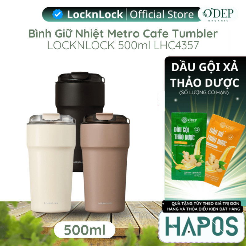 Bình giữ nhiệt LocknLock 500ml phủ sứ, Hàng chính hãng, nắp lật dễ sử dụng Metro Cafe Tumbler LHC4357 - HAPOS HOME