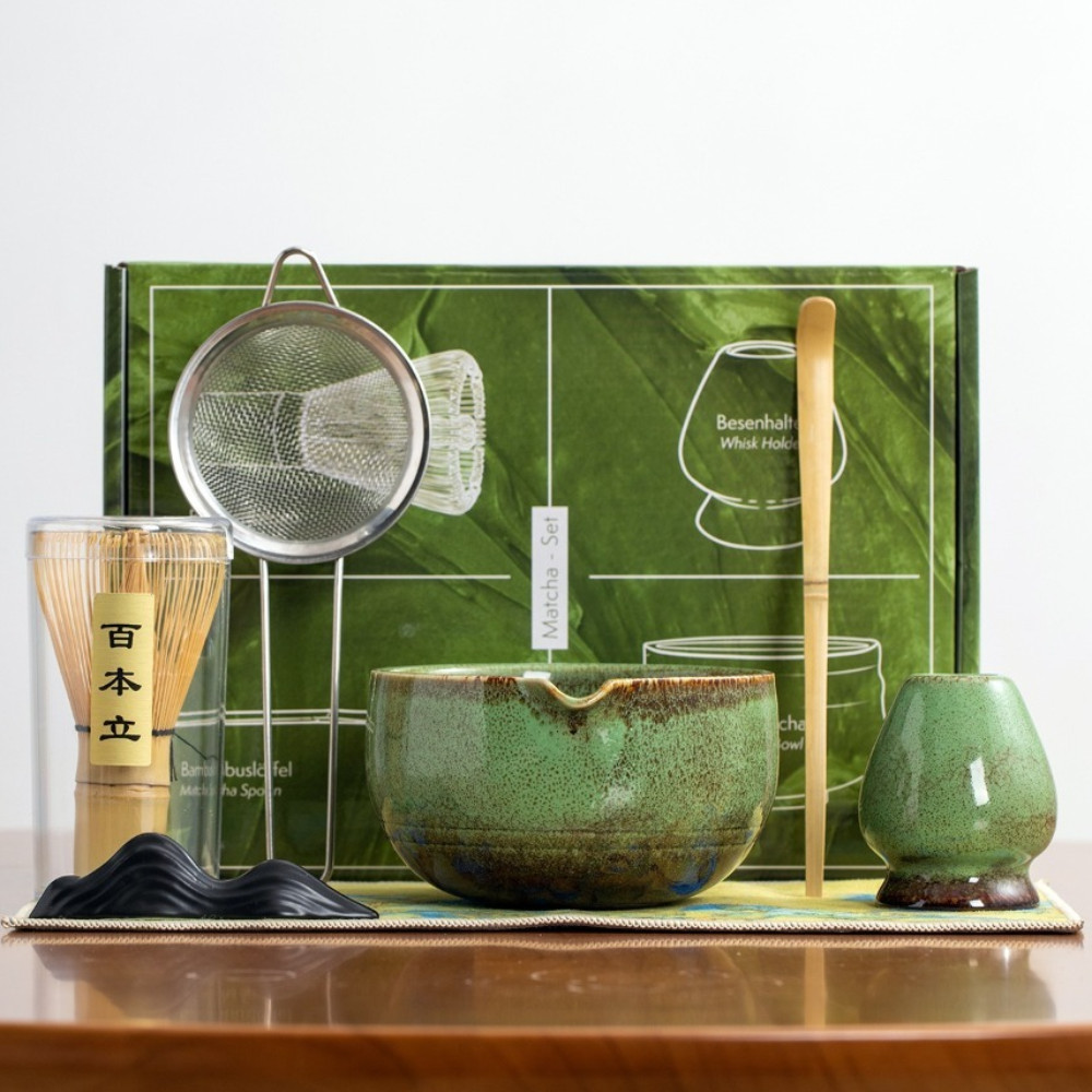 Bộ trà Matcha 7 món SLICELIFE, Máy đánh trứng Matcha truyền thống Nhật Bản bằng gốm tre, Bàn chải khuấy có thể tái sử dụng Dụng cụ làm trà