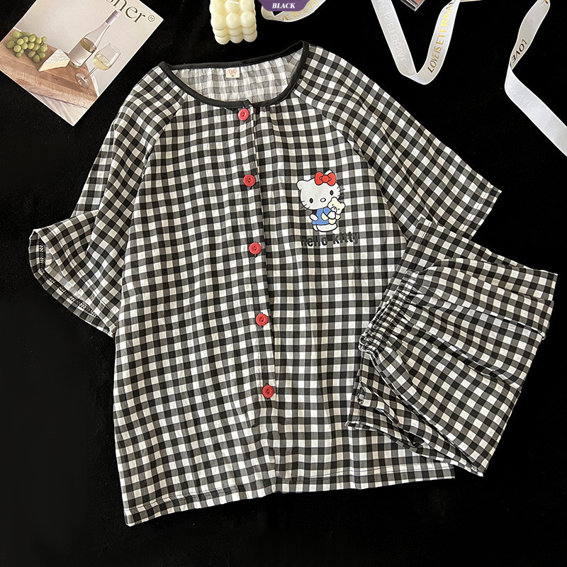 Hoạt Hình HelloKitty Bộ Đồ Ngủ Nữ Mùa Hè Cardigan Dễ Thương Học Sinh Quần Short Tay Ngắn Bộ Đồ Gia Đình [BL]