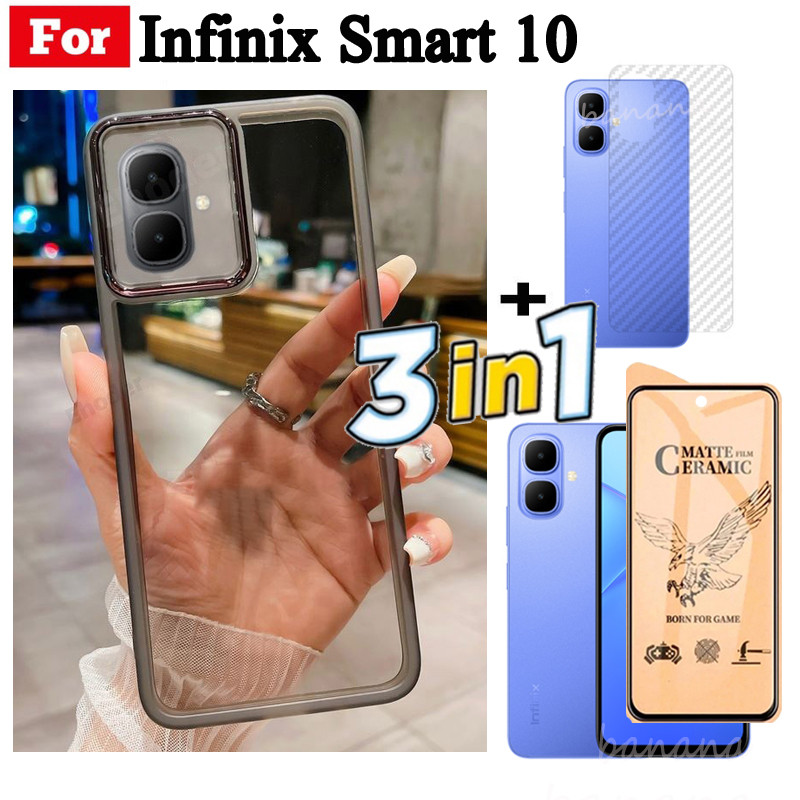 Ốp điện thoại trong suốt bằng silicon mềm TPU 3 trong 1 Infinix Smart 10 X6725 có vỏ bảo vệ Camera + Kính cường lực bảo mật + Phim mặt sau