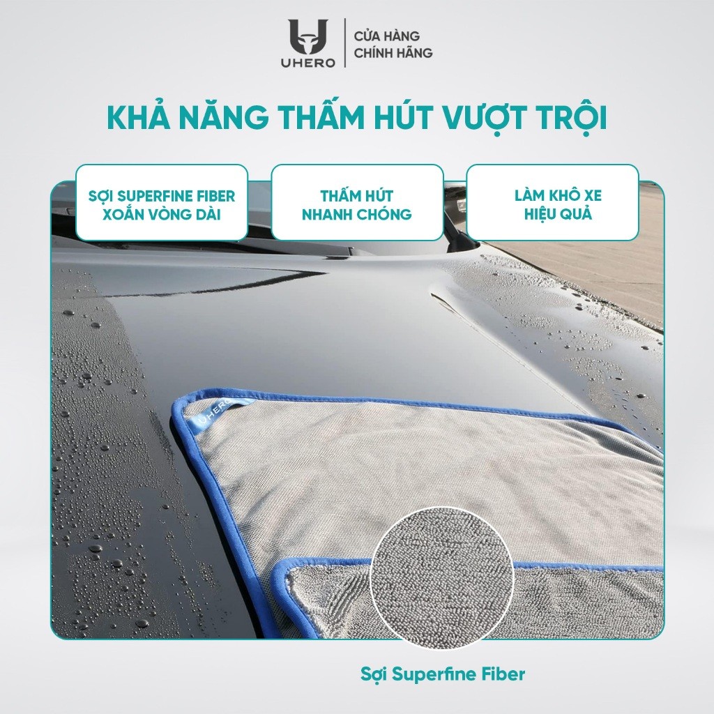 Khăn lau ô tô 40x40cm UHERO Superfine Fiber 650gsm thấm hút, mềm mịn, chống trầy xước KL02