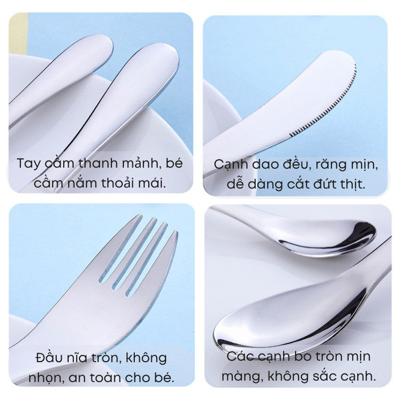 Bộ Dao Thìa Nĩa Inox 304 Cao Cấp Cho Bé Từ 2 Tuổi - Tay Cầm Hoạt Hình Màu Sắc Tươi Sáng Không Bong, Bền Đẹp | 303
