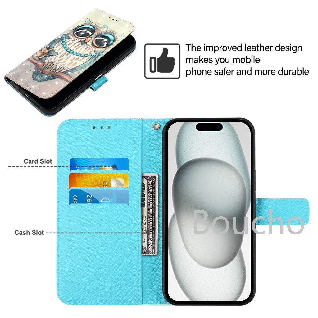 Dành Cho VIVO V40 SE V30E V30 V29 V29E V27 Lite V27E Y28 Y03 Y18 Y38 Y17S Y27 Y36 Y35 Y22 Y22S Y21 Y21S Y33S 3D Hình Cú Hoa Bướm Khe Cắm Thẻ Lật Bao Da Ví Điện Thoại