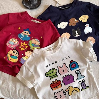 Áo thun cotton ngắn tay mùa hè mới cho bé, áo in hoạt hình rộng rãi cho trẻ em, áo dễ thương cho bé trai và bé gái