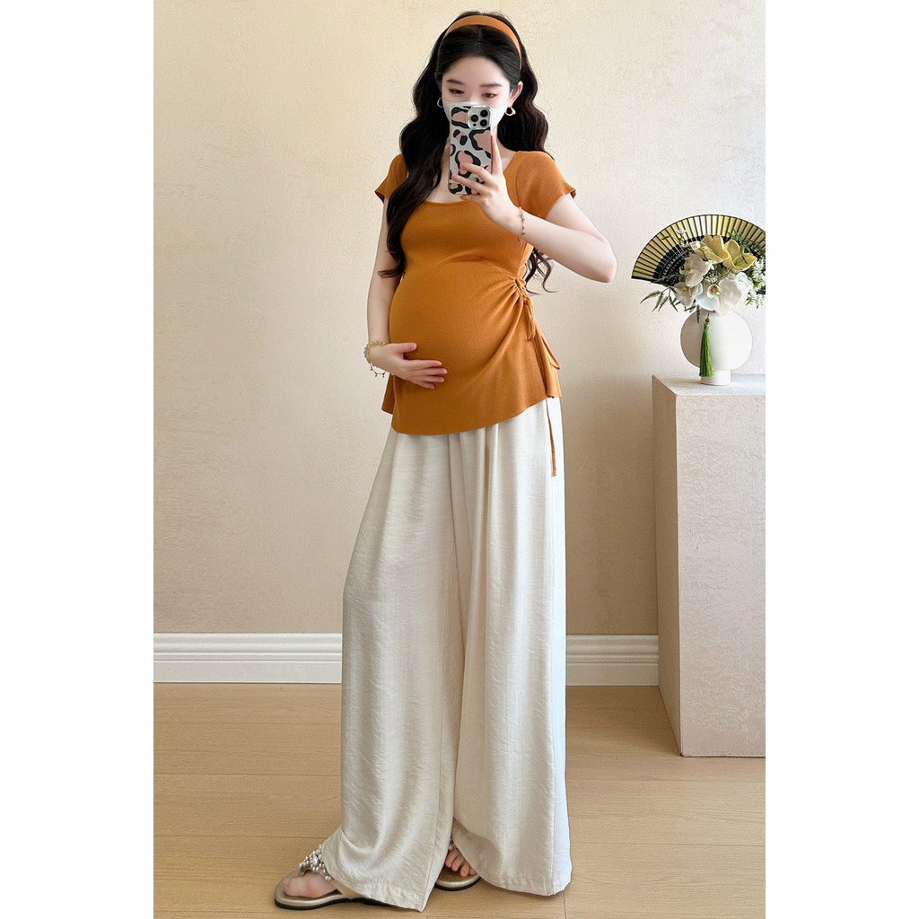 Bộ đồ bà bầu Áo ngắn tay có dây rút mùa hè + Quần ống rộng Bộ đồ hai mảnh