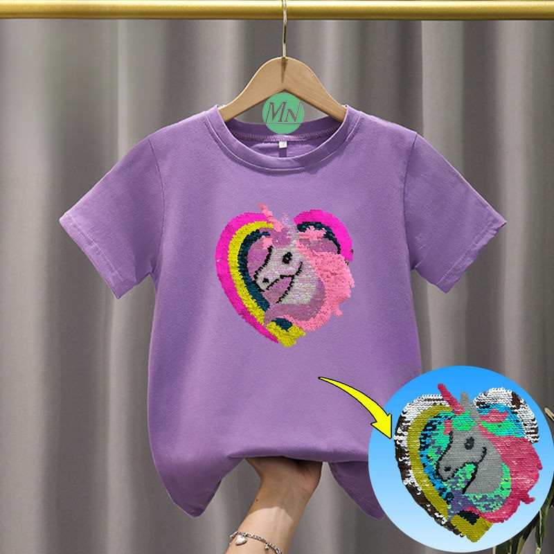 2025 Kỳ Lân Trái Tim Lật Sequin Áo Thun Cho Trẻ Em Bé Trai Bé Gái Hoạt Hình Mùa Hè Giả Tưởng Tee Top