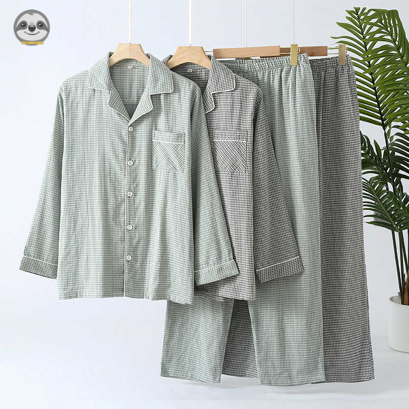 Phong cách Nhật Bản Muji Style / Bộ đồ dài tay kẻ sọc bằng sợi Cotton nguyên chất dành cho nam / Có thể mặc bên ngoài P dài tay phong cách mỏng
