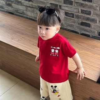Áo thun ngắn tay mùa hè mới cho trẻ em, phong cách Hàn Quốc, cho bé trai và bé gái, in hình hoạt hình, áo đỏ rộng rãi thoải mái