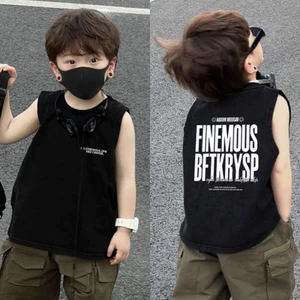 Áo vest cotton không tay mới cho bé trai mùa hè, áo đen in chữ cho trẻ nhỏ và bé trai nhỏ