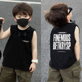 Áo vest cotton không tay mới cho bé trai mùa hè, áo đen in chữ cho trẻ nhỏ và bé trai nhỏ