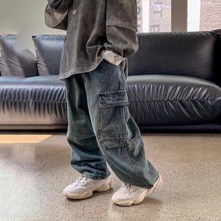 Quần jeans trẻ em mới mùa xuân và mùa thu, quần cargo rộng rãi cho bé trai, quần dài đã giặt cho bé trai