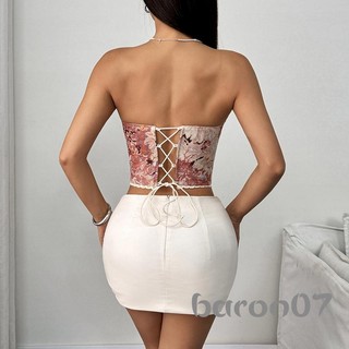 Phụ Nữ Bustier Ống Áo Mùa Hè Vintage Hoa Buộc Corset Off-Shoulder Bandeau Áo Sơ Mi Không Lưng Cho Dạo Phố