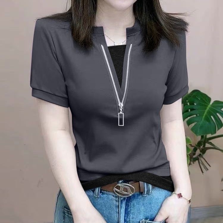 Áo thun Cotton ngắn tay có dây kéo nữ mùa hè 2025 thời trang mới giản dị thoải mái cho nữ