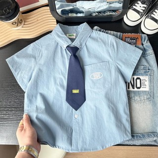 Áo sơ mi ngắn tay cà vạt bé trai mẫu mới mùa hè Áo sơ mi phong cách Hàn Quốc trẻ em áo polo màu trắng cho bé trai