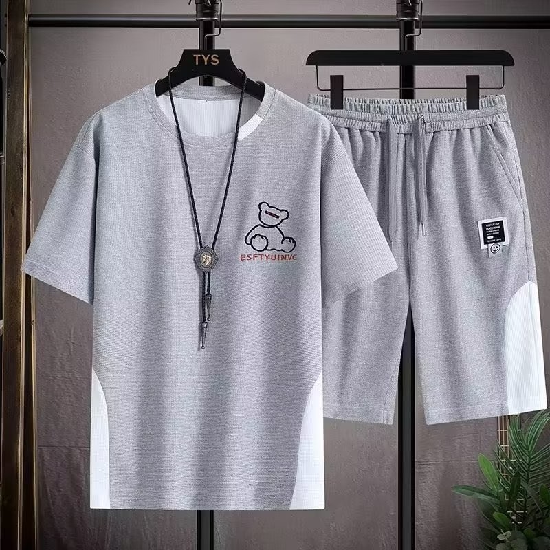 Bộ đồ bánh quế phong cách Hồng Kông Quần Short năm điểm ngắn tay nam mùa hè thanh niên hợp thời trang phong cách Harajuku phù hợp cho mọi trận đấu1 / 2 miếng
