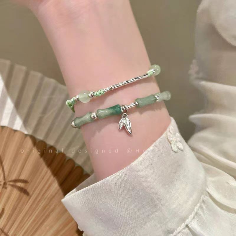 Vòng tay nút tre chống ngọc bích phong cách Trung Quốc mới cho phụ nữ, trang sức tay sang trọng nhẹ nhàng phong cách Trung Quốc hai lớp xếp chồng mang lại cảm giác mát mẻ