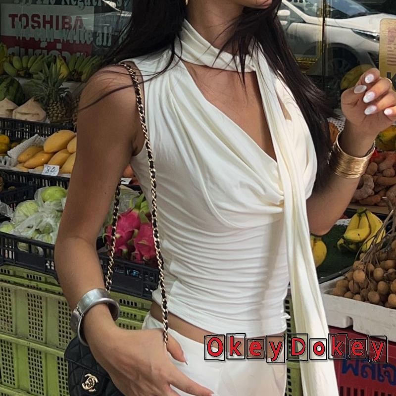 OKDK-Áo xe tăng không tay mùa hè dành cho nữ màu trơn cổ Cowl vest mỏng vừa vặn cho bữa tiệc