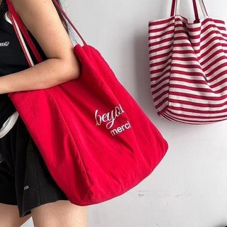 2025 Túi vải canvas sọc mùa xuân hè phong cách Hàn Quốc, túi tote lười biếng cho sinh viên, túi đeo vai lớn cho phụ nữ 6.11 0A2H