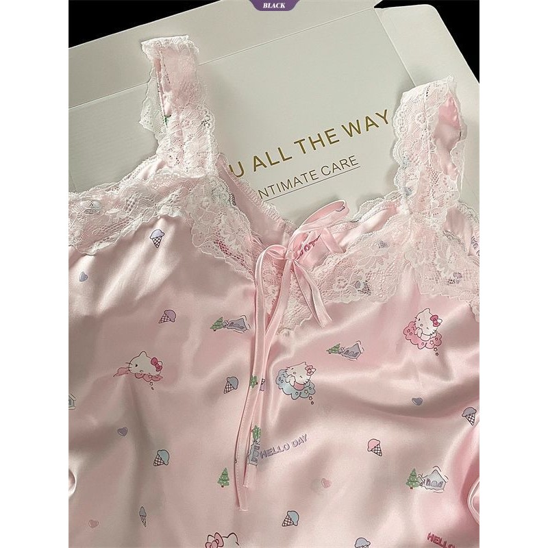 Bộ Đồ Ngủ Nữ Hellokitty Mùa Hè Băng Lụa Tay Ngắn Quần Short Có Miếng Lót Áo Ngực Ren Hồng [BL]