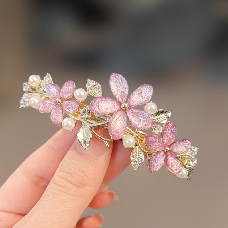 MAUROPOLI [Sẵn sàng] Kẹp tóc hoa mùa xuân Hàn Quốc đính đá lớn cho nữ, kiểu dáng rỗng sang trọng