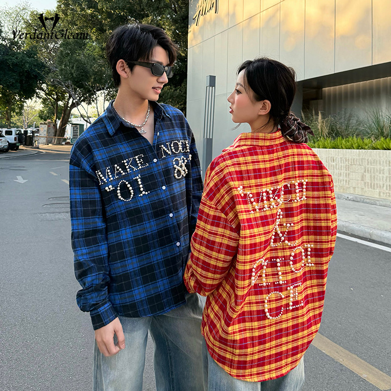 VG  Áo sơ mi kẻ sọc Retro nam, thiết kế chữ ngọc trai ba chiều, áo khoác giải trí mùa xuân và mùa thu của cặp đôi