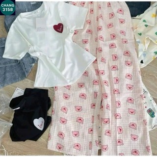 Sét Bộ Quần Hoạt Hình + mix áo CROPTOP ngắn-in hình trái tim love ở ngực-CHANG3158