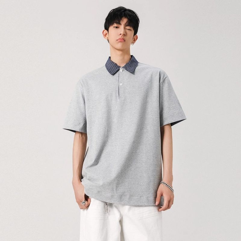 Áo Polo Nam Mùa Hè Hợp Thời Trang Giả Two-Piece Check Shirt Áo Thun Tay Ngắn