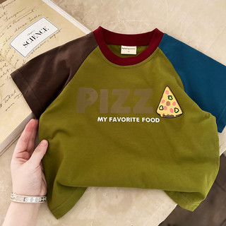 Áo phông bé trai ngắn tay cotton in họa tiết chữ hoạt hình màu xanh lá cây