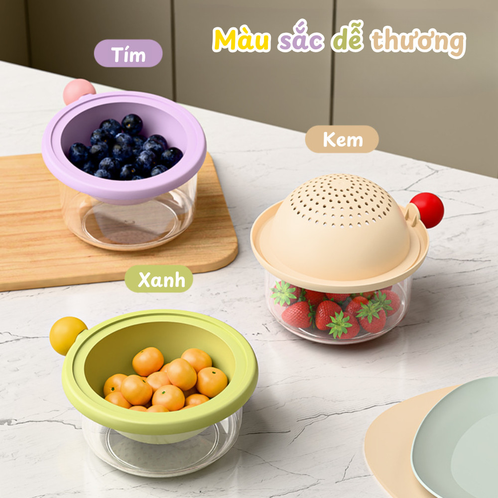 Rổ Rửa Trái Cây 2 Lớp Thoát Nước, Rổ Kèm Chậu Rửa Rau Củ, Rổ Vo Gạo Nhỏ Gọn Màu Sắc Dễ Thương