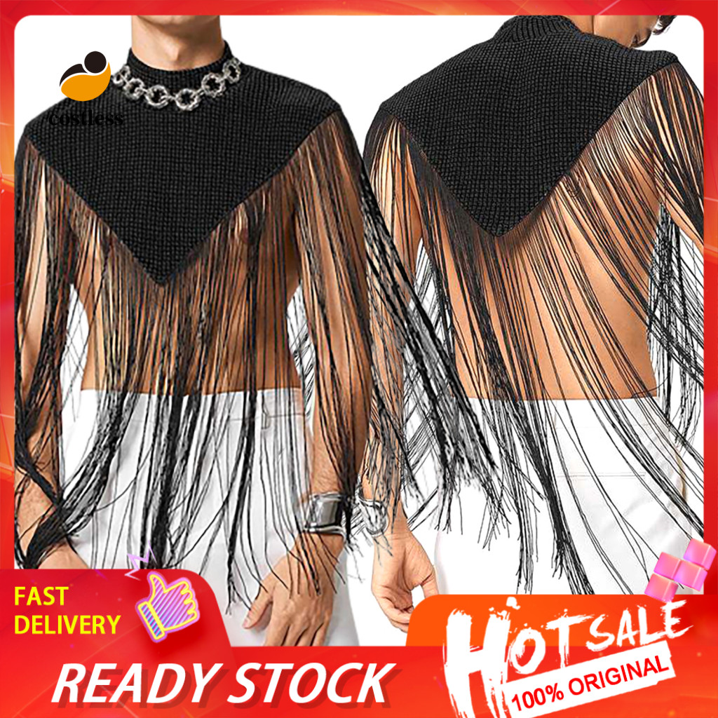 Áo vest nam câu lạc bộ không tay, mũ dài tua rua, viền sáng giả cổ sân khấu, trang phục clubwear có thể nhìn thấy đảo ngược hình tam giác khiêu vũ