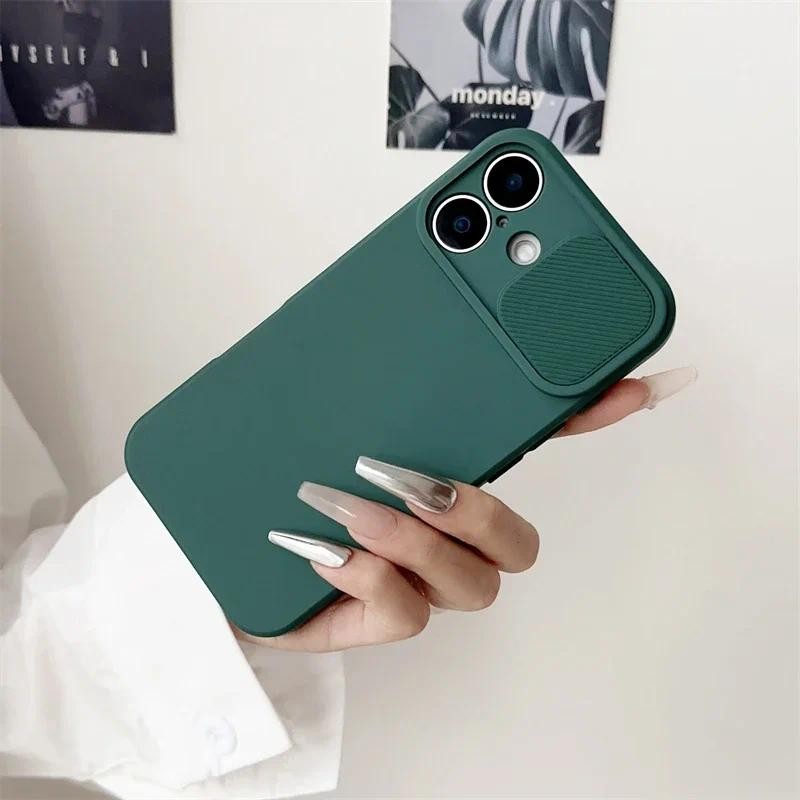 Ốp Điện Thoại Bảo Vệ Ống Kính Máy Ảnh Trượt Cho IPhone 16E 16 15 14 Plus 13 12 11 Pro XS XR Max 8 7 Vỏ Silicon Mềm Chống Sốc